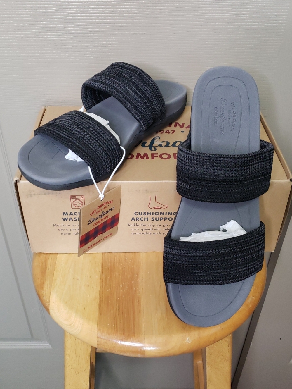 NEW IN BOX Dearfoams Comfort Black Heather Woven Two-Strap Slide Sandals Size 11